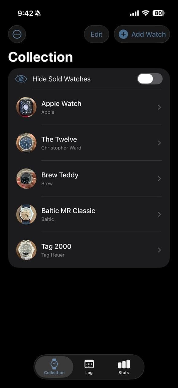 WristTime collection list view showing watches